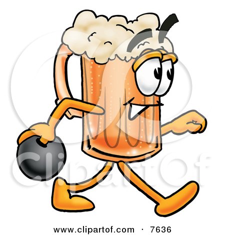Clipart Picture of a Beer Mug Mascot Cartoon Character Holding a Bowling Ball by Mascot Junction