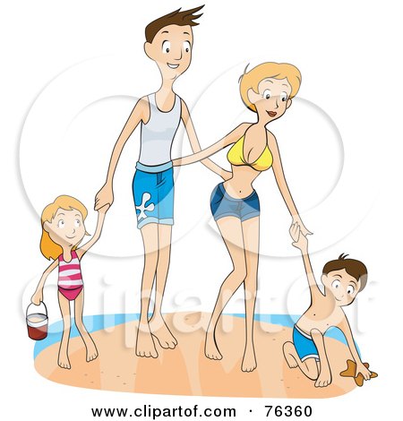 Royalty-Free (RF) Clipart Illustration of a Happy Family Of Four Playing Together On A Beach by BNP Design Studio