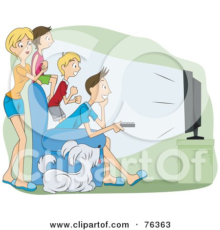 Royalty-Free (RF) Clipart Illustration of a Family Of Four And Their Dog Watching Television In A Theater Room by BNP Design Studio