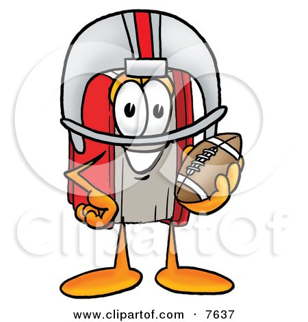 Clipart Picture of a Red Book Mascot Cartoon Character in a Helmet, Holding a Football by Mascot Junction