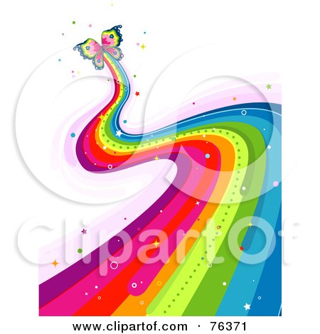 Royalty-Free (RF) Clipart Illustration of a Butterfly Leaving A Wavy Rainbow Trail by BNP Design Studio