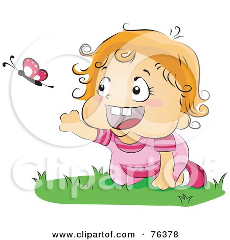 Royalty-Free (RF) Clipart Illustration of a Blond Baby Girl Chasing A Butterfly While Crawling On Grass by BNP Design Studio
