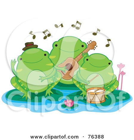 Royalty-Free (RF) Clipart Illustration of a Green Frog Trio Band On Lily Pads by BNP Design Studio