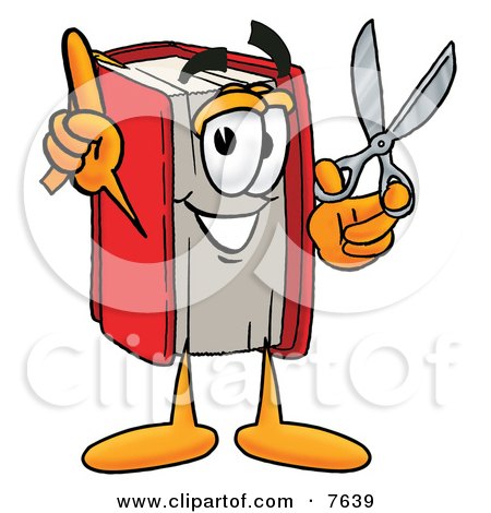 Clipart Picture of a Red Book Mascot Cartoon Character Holding a Pair of Scissors by Mascot Junction