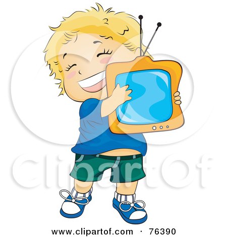 Royalty-Free (RF) Clipart Illustration of a Happy Blond Boy Hugging His Television by BNP Design Studio