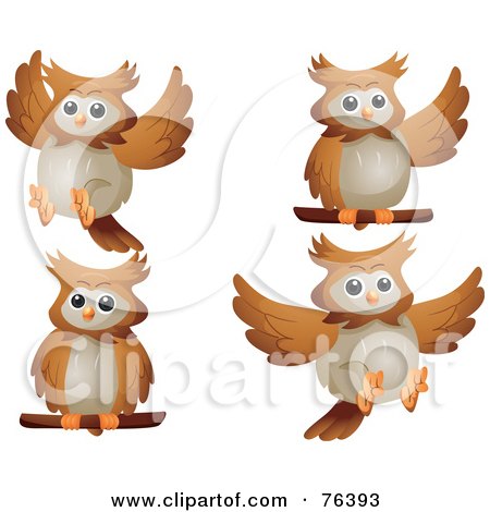 Royalty-Free (RF) Clipart Illustration of a Digital Collage Of A Cute Brown Owl In Different Poses by BNP Design Studio