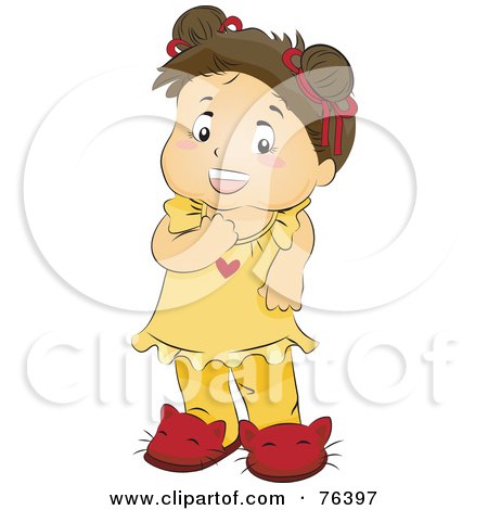 Royalty-Free (RF) Clipart Illustration of a Happy Brunette Girl Wearing Pajamas And Cat Slippers by BNP Design Studio