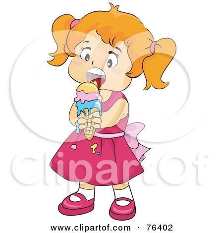Royalty-Free (RF) Clipart Illustration of a Little Girl In A Pink Dress, Enjoying A Melting Ice Cream Cone by BNP Design Studio