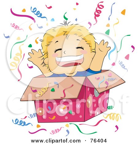 Royalty-Free (RF) Clipart Illustration of a Happy Boy Popping Out Of A Gift Box At A Surprise Party by BNP Design Studio
