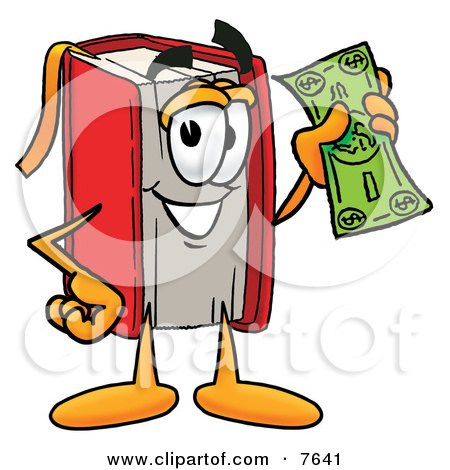 Clipart Picture of a Red Book Mascot Cartoon Character Holding a Dollar Bill by Mascot Junction