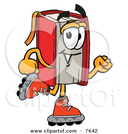Clipart Picture of a Red Book Mascot Cartoon Character Roller Blading on Inline Skates by Mascot Junction