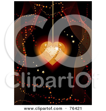 Royalty-Free (RF) Clipart Illustration of a Sparkling Gold Disco Heart Suspended Over Black With Mesh Waves by elaineitalia