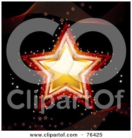 Royalty-Free (RF) Clipart Illustration of a Sparkly Gold And Red Christmas Star With Mesh Waves On Black by elaineitalia