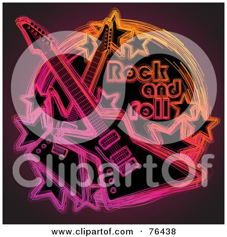 Royalty-Free (RF) Clipart Illustration of Neon Electric Guitars With Stars In A Rock And Roll Circle. by elena