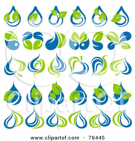 Royalty-Free (RF) Clipart Illustration of a Digital Collage Of Green Leaf And Water Drop Logo Icons by elena