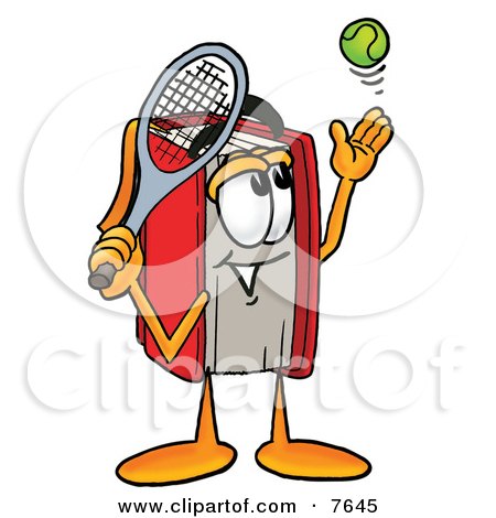 Clipart Picture of a Red Book Mascot Cartoon Character Preparing to Hit a Tennis Ball by Mascot Junction
