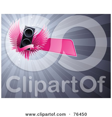 Royalty-Free (RF) Clipart Illustration of a Pink Banner Over A Winged Music Speaker On A Gray Burst Background by elena