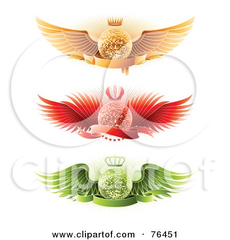 Royalty-Free (RF) Clipart Illustration of a Digital Collage Of Blank Banners Over Crowned Gold, Red And Green Winged Disco Balls, On White by elena