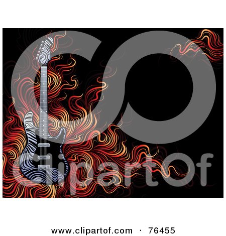 Royalty-Free (RF) Clipart Illustration of a Zebra Print Guitar Over Flames On Black by elena
