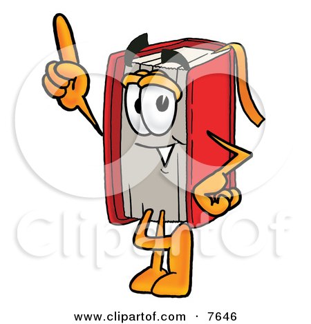 Clipart Picture of a Red Book Mascot Cartoon Character Pointing Upwards by Mascot Junction