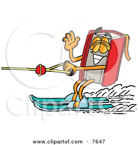 Clipart Picture of a Red Book Mascot Cartoon Character Waving While Water Skiing by Mascot Junction