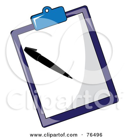 Royalty-Free (RF) Clip Art Illustration of a Sheet Of Paper And Pen On A Blue Clipboard by Pams Clipart