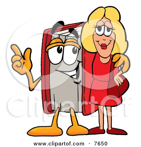 Clipart Picture of a Red Book Mascot Cartoon Character Talking to a Pretty Blond Woman by Mascot Junction