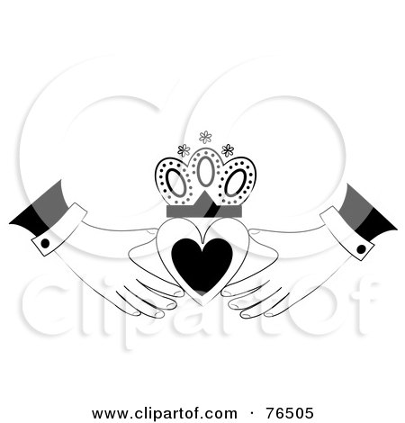 Royalty-Free (RF) Clipart Illustration of a Black And White Claudaugh Design Of A Heart, Crown And Hands by Pams Clipart