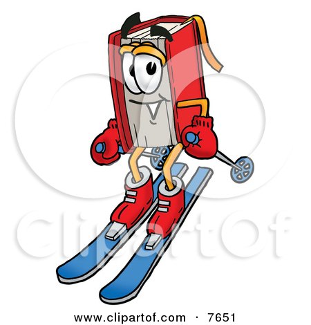 Clipart Picture of a Red Book Mascot Cartoon Character Skiing Downhill by Mascot Junction