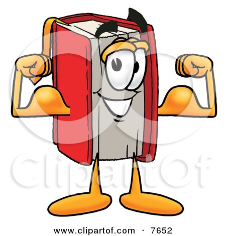 Clipart Picture of a Red Book Mascot Cartoon Character Flexing His Arm Muscles by Mascot Junction