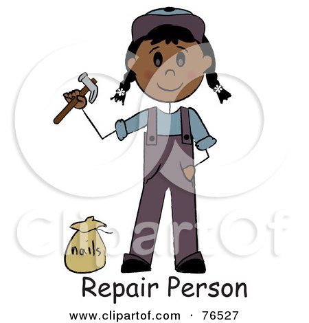 Royalty-Free (RF) Clipart Illustration of a Repair Person Words Under A Hispanic Handy Woman Holding A Hammer And Standing By Nails by Pams Clipart