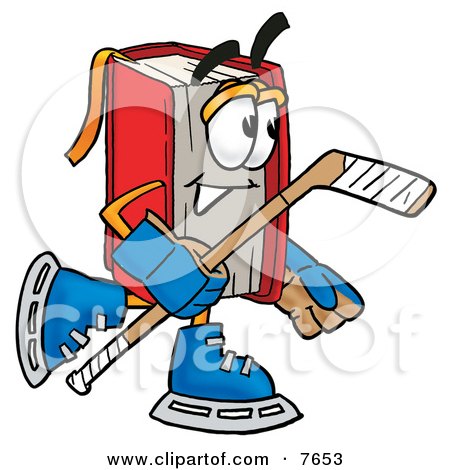 Clipart Picture of a Red Book Mascot Cartoon Character Playing Ice Hockey by Mascot Junction