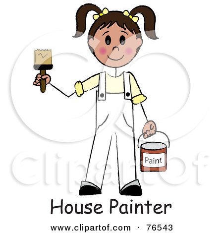 Royalty-Free (RF) Clipart Illustration of Words Under A Caucasian Brunette Painter Stick Girl With A Roller Brush by Pams Clipart