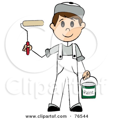 Royalty-Free (RF) Clipart Illustration of a Friendly Caucasian Painter Stick Boy With A Roller Brush by Pams Clipart