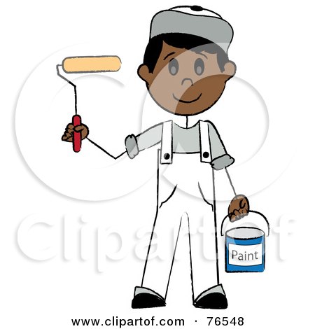 Royalty-Free (RF) Clipart Illustration of a Friendly Hispanic Painter Stick Boy With A Roller Brush by Pams Clipart