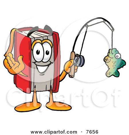 Clipart Picture of a Red Book Mascot Cartoon Character Holding a Fish on a Fishing Pole by Mascot Junction
