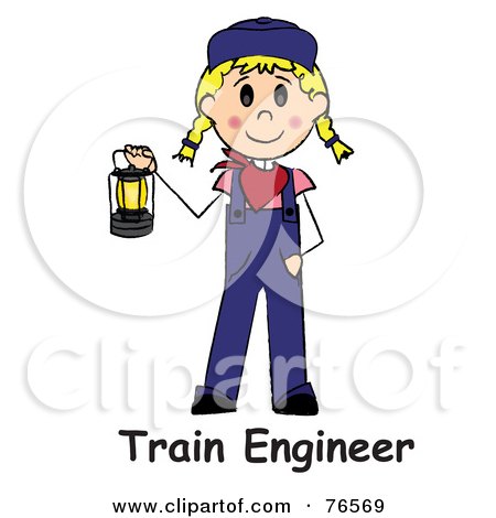 Royalty-Free (RF) Clip Art Illustration of Words Below A Caucasian Train Engineer Stick Woman Carrying A Lantern by Pams Clipart