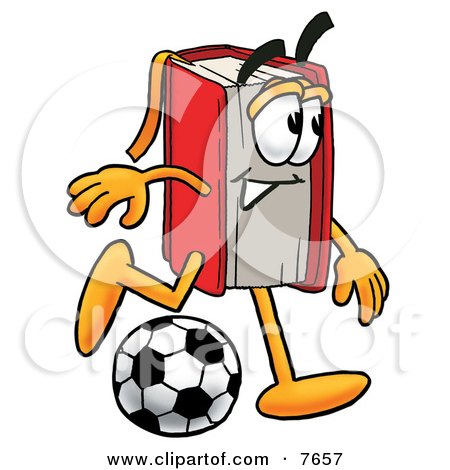 Clipart Picture of a Red Book Mascot Cartoon Character Kicking a Soccer Ball by Mascot Junction