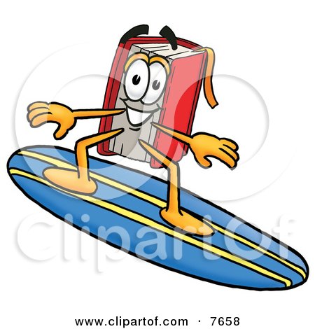 Clipart Picture of a Red Book Mascot Cartoon Character Surfing on a Blue and Yellow Surfboard by Mascot Junction