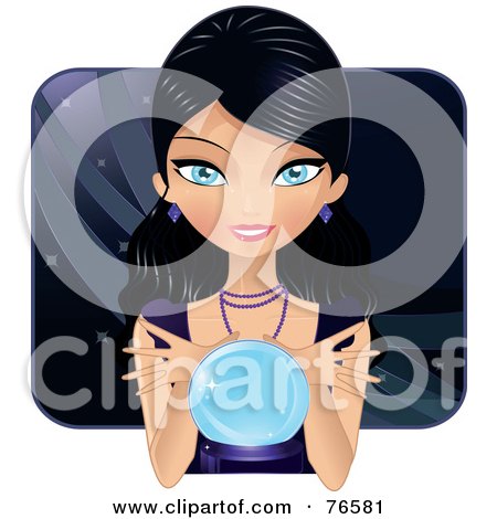 Royalty-Free (RF) Clipart Illustration of a Gorgeous Black Haired, Blue Eyed Gypsy Woman Telling The Future With A Crystal Ball by Melisende Vector