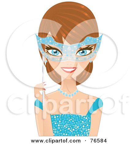 Royalty-Free (RF) Clipart Illustration of a Pretty Dirty Blond Woman In A Blue Gown, Holding A Matching Mask Over Her Eyes by Melisende Vector