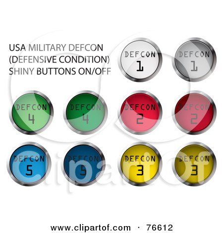 Royalty-Free (RF) Clipart Illustration of a Digital Collage Of Chrome And Colorful Round DEFCON Buttons by MilsiArt