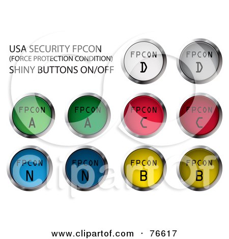 Royalty-Free (RF) Clipart Illustration of a Digital Collage Of Chrome And Colorful Round Usa Security FPCON Buttons by MilsiArt