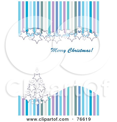 Royalty-Free (RF) Clipart Illustration of a Merry Christmas Greeting With Blue, Purple And Green Stripes, Stars And A Christmas Tree by MilsiArt