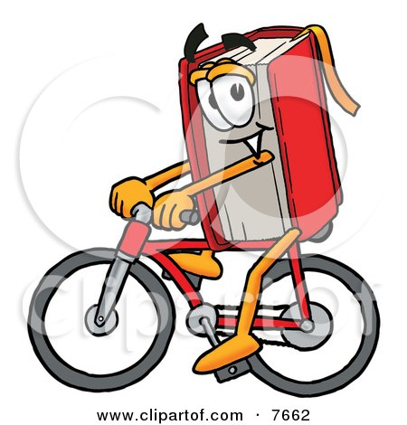Clipart Picture of a Red Book Mascot Cartoon Character Riding a Bicycle by Mascot Junction