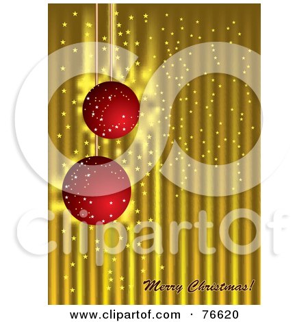 Royalty-Free (RF) Clipart Illustration of a Merry Christmas Greeting With Red Sparkly Ornaments On Gold by MilsiArt