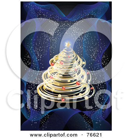 Royalty-Free (RF) Clipart Illustration of a Golden Christmas Tree Over A Dark Blue Background With Confetti by MilsiArt