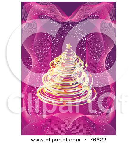 Royalty-Free (RF) Clipart Illustration of a Golden Christmas Tree Over A Pink Background With Confetti by MilsiArt