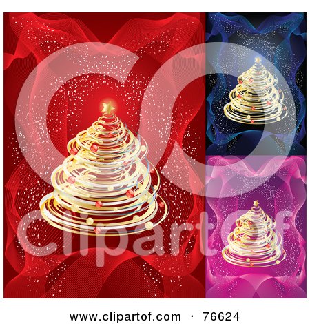 Royalty-Free (RF) Clipart Illustration of a Digital Collage Of Golden Christmas Trees Over A Blue, Pink And Red Backgrounds With Confetti by MilsiArt