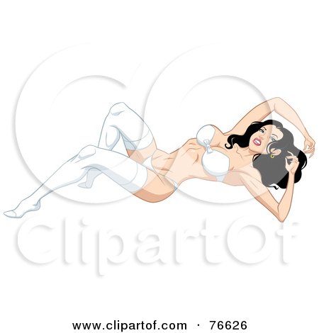 Royalty-Free (RF) Clipart Illustration of a Sexy Black Haired Pinup Woman Laying In White Stockings, Panties And A Bra by Lawrence Christmas Illustration